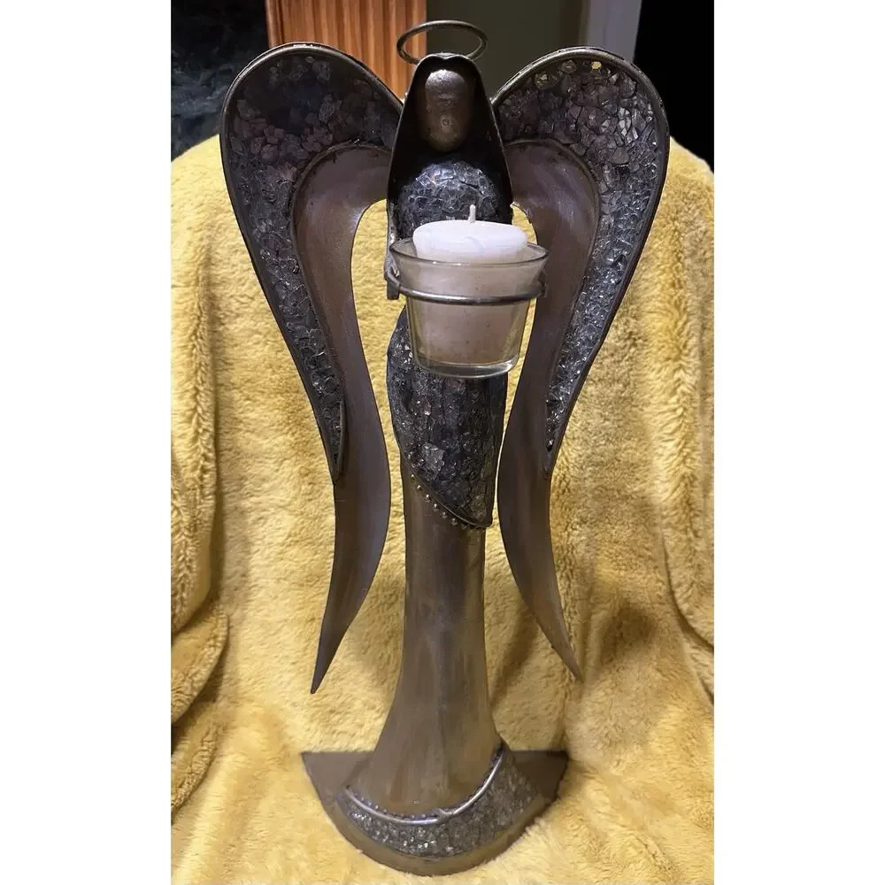 Pier 1 Angel 19” Metal Sculpture w Glass Mosaic Vintage Handmade Candle Holder